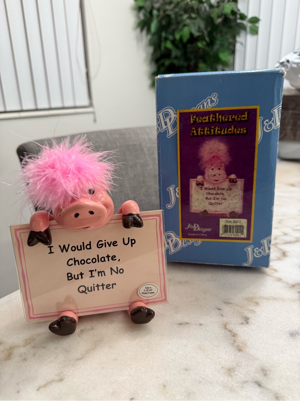 NWT Feathered Attitudes Pink Pig Figurine w Pink Feathered Hair &  Sign